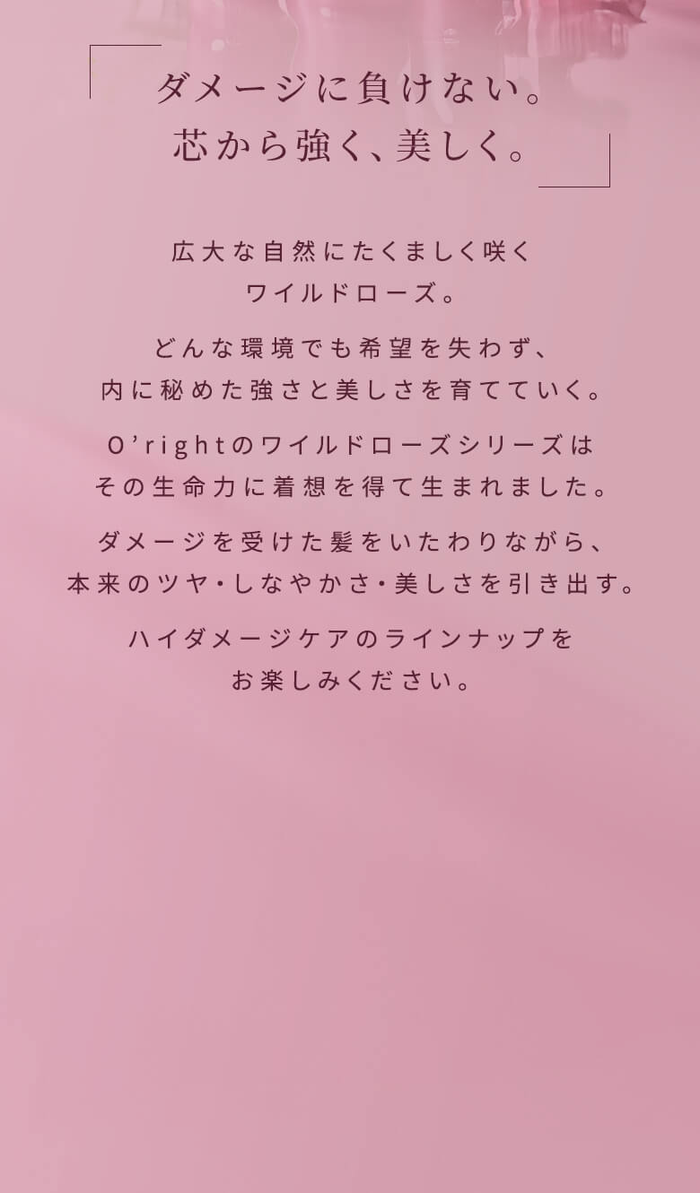 「ダメージに負けない。芯から強く、美しく。」広大な自然にたくましく咲くワイルドローズ。どんな環境でも希望を失わず、内に秘めた強さと美しさを育てていく。O’rightのワイルドローズシリーズはその生命力に着想を得て生まれました。ダメージを受けた髪をいたわりながら、本来のツヤ・しなやかさ・美しさを引き出す。ハイダメージケアのラインナップをお楽しみください。